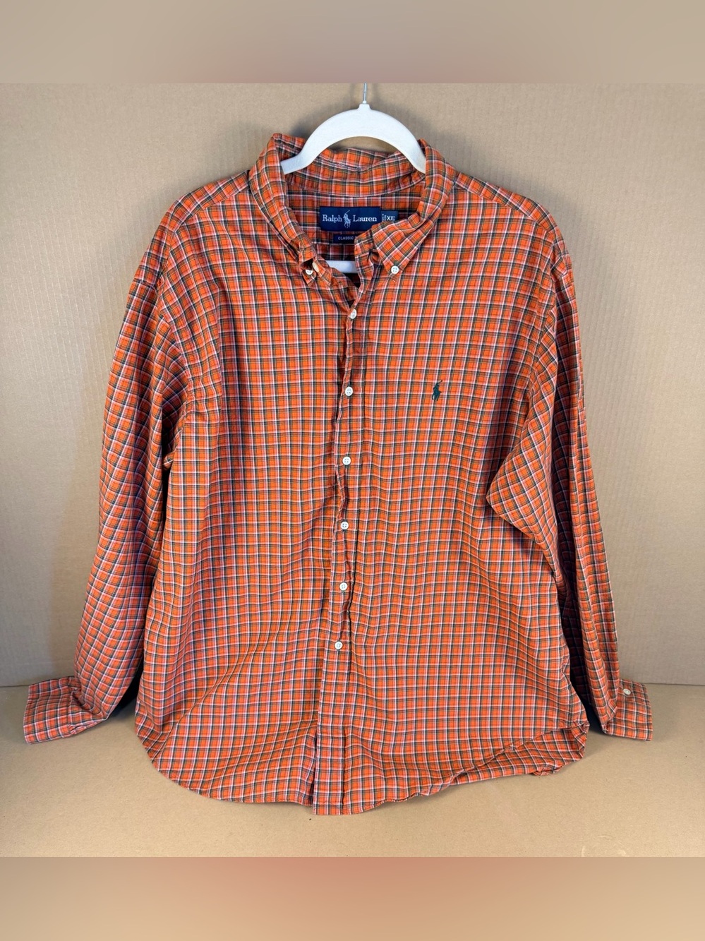 Ralph Lauren Orange Blue Plaid Cotton Button-Down Shirt